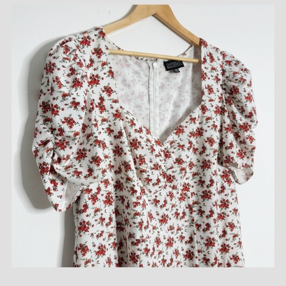 Danielle Bernstein Midi Length Dress Short Puff Sleeve Red White Flower Print - Picture 6 of 16